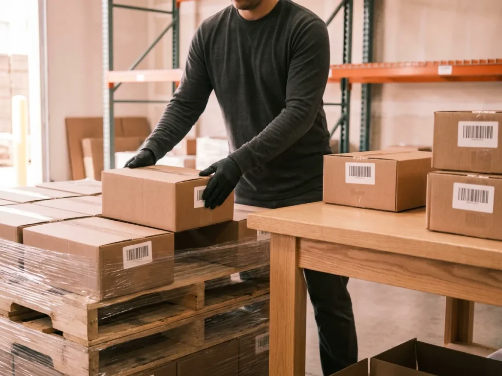 Worker preparing barcode-labelled cartons on a pallet for Amazon FBA