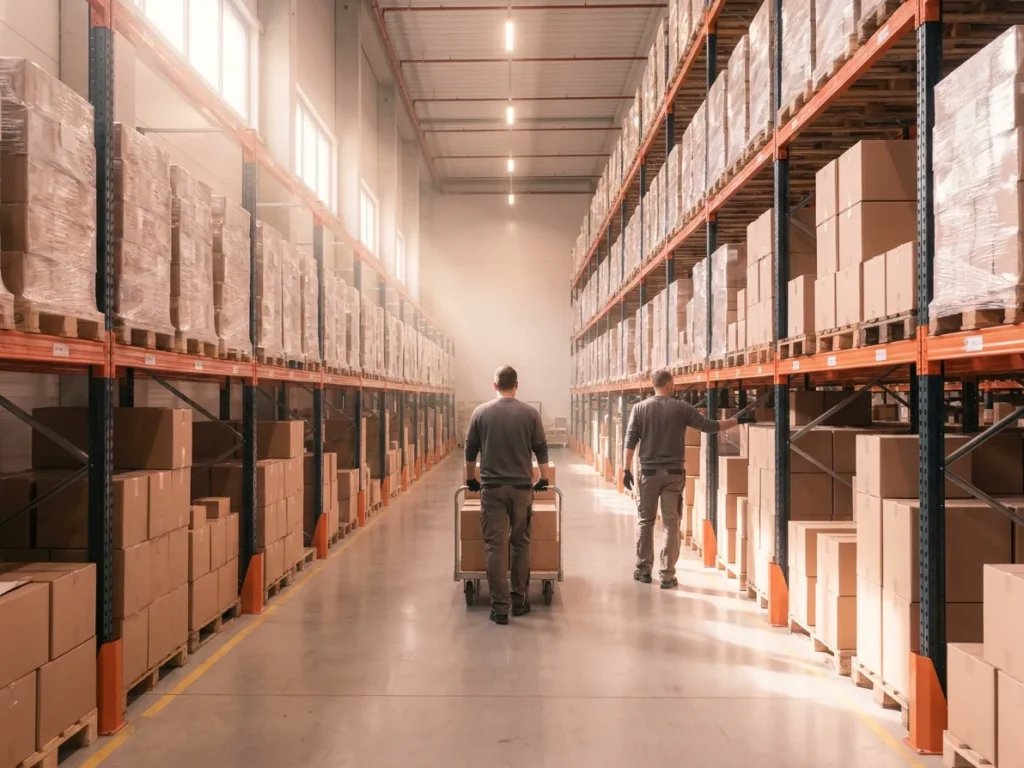 Warehouse aisles stacked with cartons of wholesale beauty stock